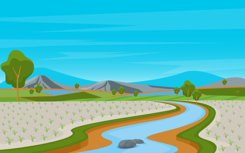 Download Иллюстрация "Asian Rice Field - Illustration" / Asian Rice Field - Illustration - Иллюстрация на тему графика asian,rice,field,paddy,plantation,agriculture,landscape,illustration,vector,farmer,village,farm,road,background,hills,path,asia,dirt,garden,hut