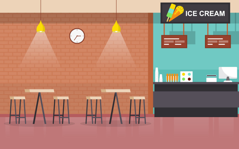 Download Иллюстрация "Cafeteria Food Court - Illustration" / Cafeteria Food Court - Illustration - Иллюстрация на тему графика food,court,indoor,interior,empty,restaurant,cafeteria,meal,drink,vector,illustration,clock,tables,chairs,cups,ice,cream,cone,corner,menus