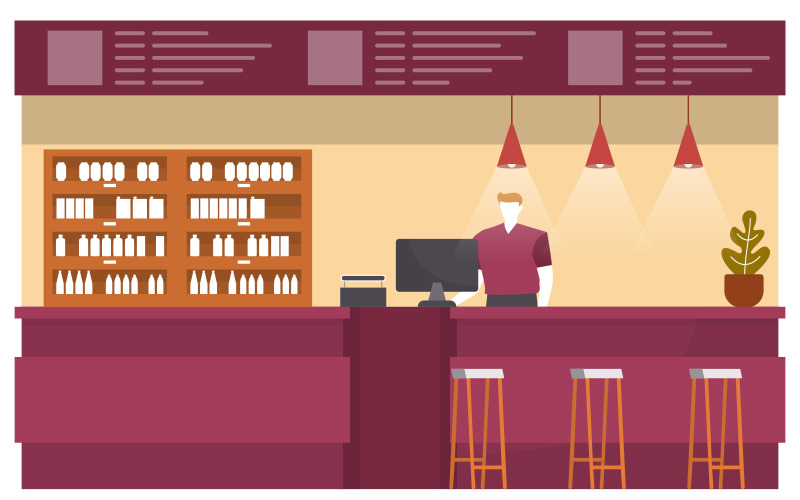 Download Иллюстрация "Cashier Food Court - Illustration" / Cashier Food Court - Illustration - Иллюстрация на тему графика cashier,food,indoor,interior,restaurant,cafeteria,meal,drink,vector,illustration,court,man,people,chairs,menu,lamps,machine,bar,cartoon,counter