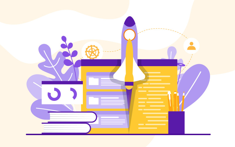 Download Иллюстрация "Development Page Design - Illustration" / Development Page Design - Illustration - Иллюстрация на тему графика create,build,website,design,web,page,project,development,illustration,vector,rocket,book,pencils,box,task,people,sign,gear,leaf,company