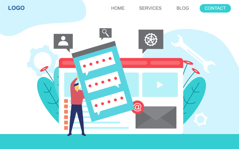 Download Иллюстрация "Development Web page - Illustration" / Development Web page - Illustration - Иллюстрация на тему графика people,build,website,design,web,page,project,development,illustration,vector,company,corporate,shop,online,business,money,wrench,gear,leaf,envelope