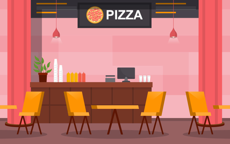 Download Иллюстрация "Empty Restaurant Court - Illustration" / Empty Restaurant Court - Illustration - Иллюстрация на тему графика food,court,indoor,interior,empty,restaurant,cafeteria,meal,drink,vector,illustration,pizza,tables,chairs,ketchup,mustard,sauce,cups,leaf,cashier