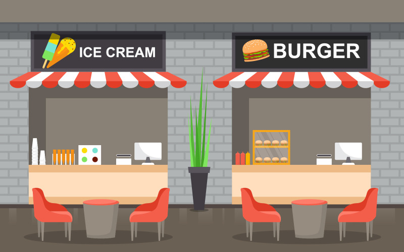 Download Иллюстрация "Ice Cream Burger - Illustration" / Ice Cream Burger - Illustration - Иллюстрация на тему графика food,court,indoor,interior,empty,restaurant,cafeteria,meal,drink,vector,illustration,ice,cream,burger,menus,cups,cone,machine,cashier,storefront