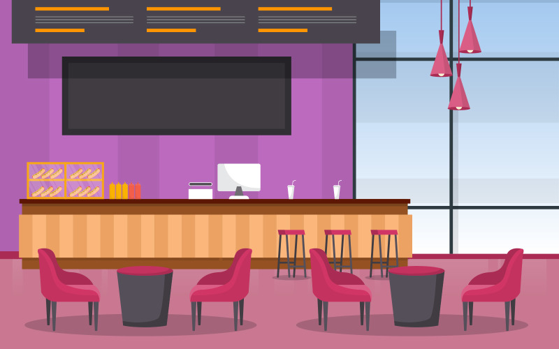 Download Иллюстрация "Interior Court Cafeteria - Illustration" / Interior Court Cafeteria - Illustration - Иллюстрация на тему графика food,court,indoor,interior,empty,restaurant,cafeteria,meal,drink,vector,illustration,tables,chairs,sofa,menus,cashier,machine,cups,mustard,ketchup