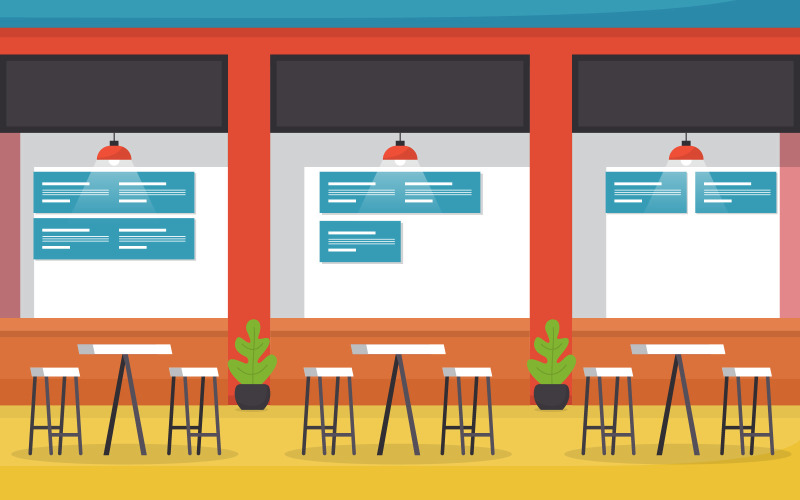 Download Иллюстрация "Interior Food Court - Illustration" / Interior Food Court - Illustration - Иллюстрация на тему графика food,court,indoor,interior,empty,restaurant,cafeteria,meal,drink,vector,illustration,hanging,lamps,menus,leaf,tables,chair,bar,cartoon,counter