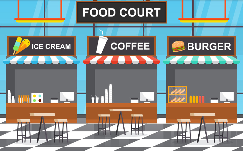 Download Иллюстрация "Interior Restaurant Court - Illustration" / Interior Restaurant Court - Illustration - Иллюстрация на тему графика food,court,indoor,interior,empty,restaurant,cafeteria,meal,drink,vector,illustration,ice,cream,cone,stick,coffee,burger,hotdog,tea,ketchup