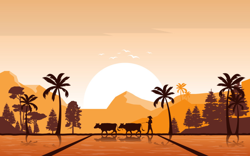 Download Иллюстрация "Morning Golden Sunrise - Illustration" / Morning Golden Sunrise - Illustration - Иллюстрация на тему графика golden,sunrise,asian,rice,field,paddy,plantation,agriculture,illustration,vector,farmer,village,landscape,farm,road,background,hills,path,asia,dirt