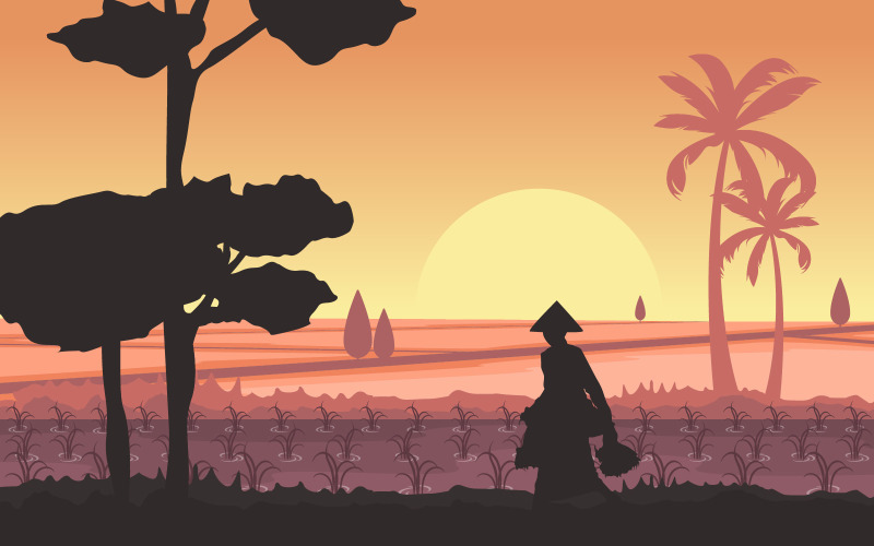 Download Иллюстрация "Morning Rice Field - Illustration" / Morning Rice Field - Illustration - Иллюстрация на тему графика morning,asian,farmer,rice,field,paddy,plantation,agriculture,illustration,vector,village,landscape,farm,road,background,hills,path,asia,dirt,garden