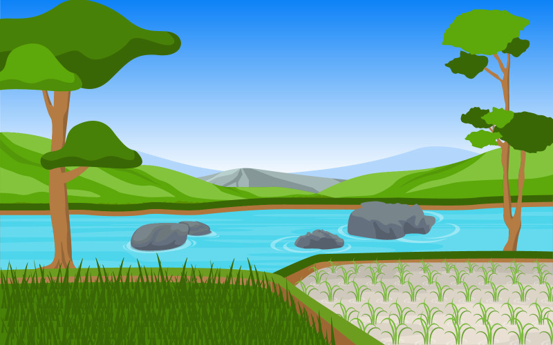 Download Иллюстрация "Paddy Plantation Lanscape - Illustration" / Paddy Plantation Lanscape - Illustration - Иллюстрация на тему графика asian,rice,field,paddy,plantation,agriculture,landscape,illustration,vector,farmer,village,farm,road,background,hills,path,asia,dirt,garden,hut