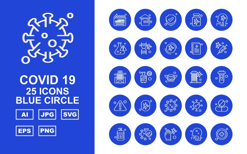 Download Набор иконок "25 Premium Covid 19 Blue Circle Icon Set" / 25 Premium Covid 19 Blue Circle Icon Set - Набор иконок на тему medical calendar,cylinder,corona virus,medicines,sanitizer,protect,glaves,person,add,home,shield,bottle,patient,research,dna,corona viru,icon,icons