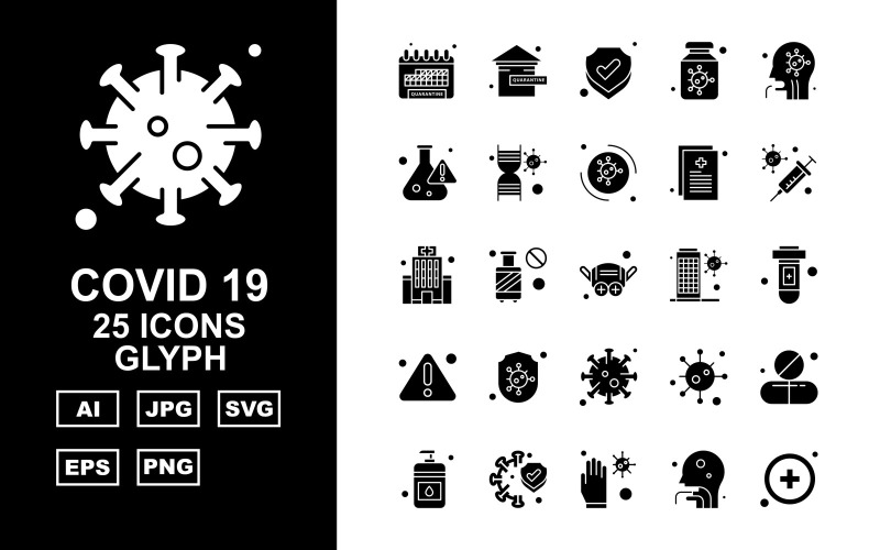 Download Набор иконок "25 Premium Covid 19 Glyph Icon Set" / 25 Premium Covid 19 Glyph Icon Set - Набор иконок на тему medical calendar,cylinder,corona virus,medicines,sanitizer,protect,glaves,person,add,home,shield,bottle,patient,research,dna,corona viru,icon,icons
