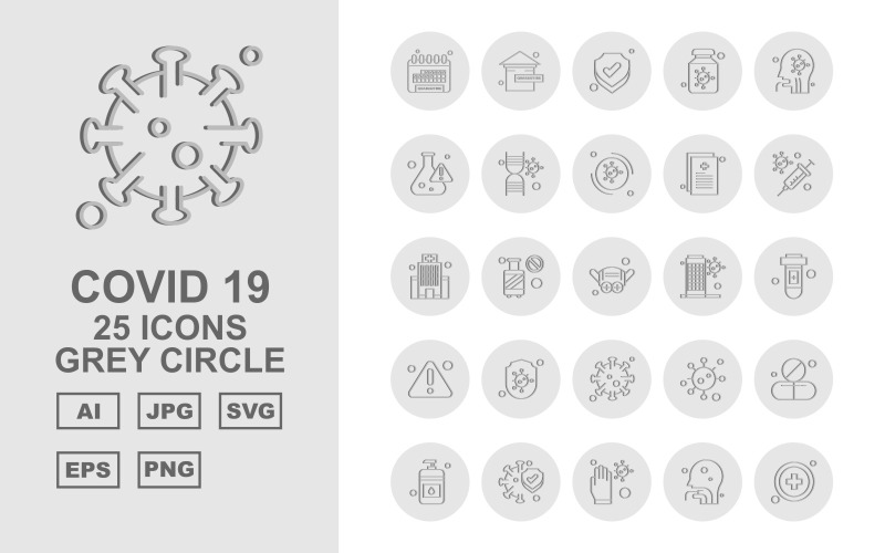 Download Набор иконок "25 Premium Covid 19 Grey Circle Icon Set" / 25 Premium Covid 19 Grey Circle Icon Set - Набор иконок на тему medical calendar,cylinder,corona virus,medicines,sanitizer,protect,glaves,person,add,home,shield,bottle,patient,research,dna,corona viru,icon,icons