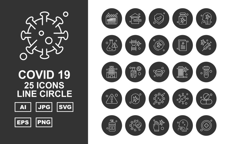 Download Набор иконок "25 Premium Covid 19 Line Circle Icon Set" / 25 Premium Covid 19 Line Circle Icon Set - Набор иконок на тему medical calendar,cylinder,corona virus,medicines,sanitizer,protect,glaves,person,add,home,shield,bottle,patient,research,dna,corona viru,icon,icons