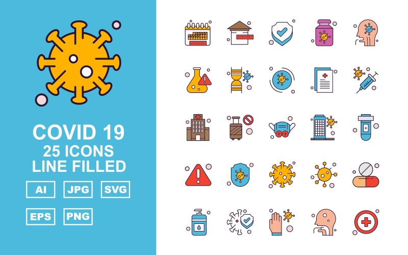 Download Набор иконок "25 Premium Covid 19 Line Filled Icon Set" / 25 Premium Covid 19 Line Filled Icon Set - Набор иконок на тему medical calendar,cylinder,corona virus,medicines,sanitizer,protect,glaves,person,add,home,shield,bottle,patient,research,dna,corona viru,icon,icons
