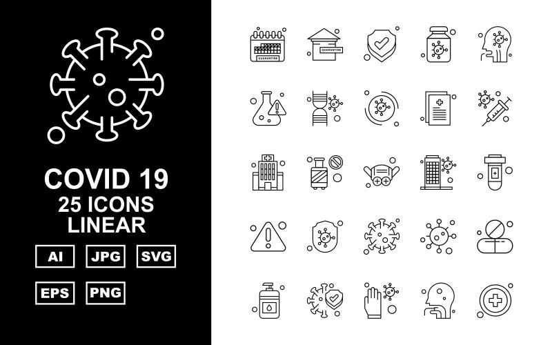 Download Набор иконок "25 Premium Covid 19 Linear Icon Set" / 25 Premium Covid 19 Linear Icon Set - Набор иконок на тему medical calendar,cylinder,corona virus,medicines,sanitizer,protect,glaves,person,add,home,shield,bottle,patient,research,dna,corona viru,icon,icons