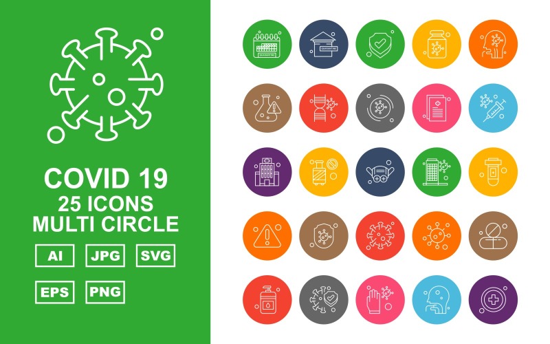 Download Набор иконок "25 Premium Covid 19 Multi Circle Icon Set" / 25 Premium Covid 19 Multi Circle Icon Set - Набор иконок на тему medical calendar,cylinder,corona virus,medicines,sanitizer,protect,glaves,person,add,home,shield,bottle,patient,research,dna,corona viru,icon,icons