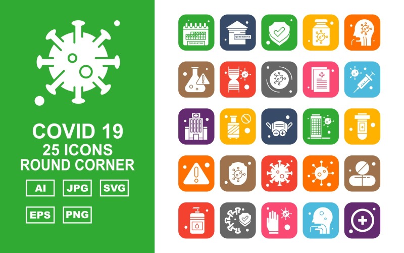Download Набор иконок "25 Premium Covid 19 Round Corner Icon Set" / 25 Premium Covid 19 Round Corner Icon Set - Набор иконок на тему medical calendar,cylinder,corona virus,medicines,sanitizer,protect,glaves,person,add,home,shield,bottle,patient,research,dna,corona viru,icon,icons