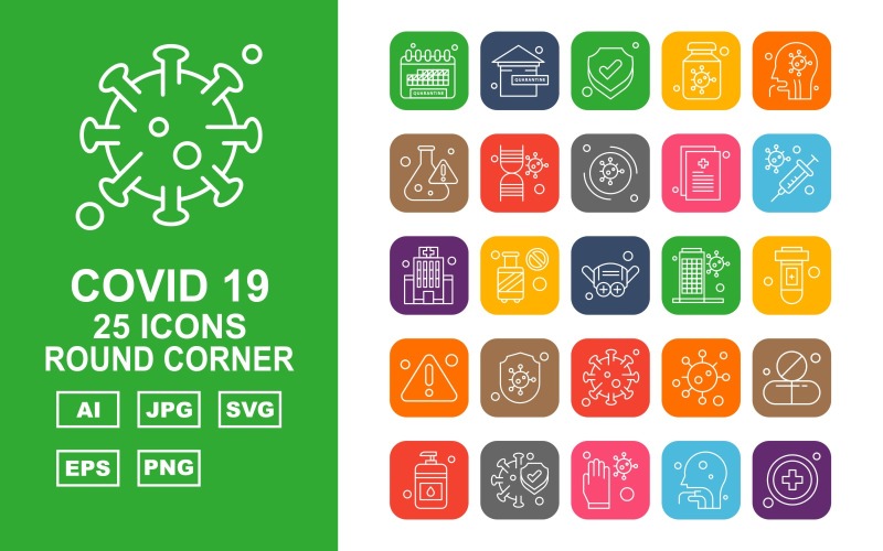 Download Набор иконок "25 Premium Covid 19 Round Corner Icon Set" / 25 Premium Covid 19 Round Corner Icon Set - Набор иконок на тему medical calendar,cylinder,corona virus,medicines,sanitizer,protect,glaves,person,add,home,shield,bottle,patient,research,dna,corona viru,icon,icons