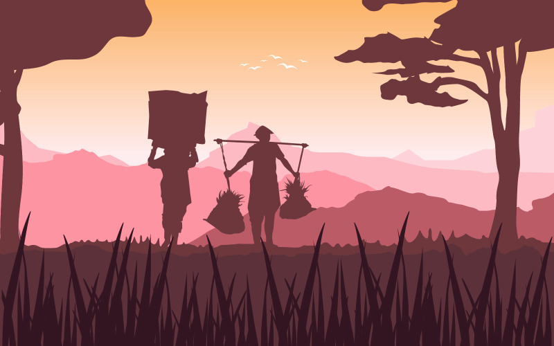 Download Иллюстрация "Rice Field Agriculture - Illustration" / Rice Field Agriculture - Illustration - Иллюстрация на тему графика morning,asian,farmer,rice,field,paddy,plantation,agriculture,illustration,vector,village,landscape,farm,road,background,hills,path,asia,dirt,garden