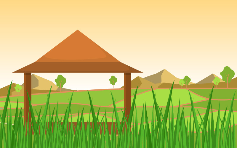 Download Иллюстрация "Rice Field Hut - Illustration" / Rice Field Hut - Illustration - Иллюстрация на тему графика hut,asian,rice,field,green,paddy,plantation,agriculture,illustration,vector,farmer,village,landscape,farm,road,background,hills,path,asia,dirt