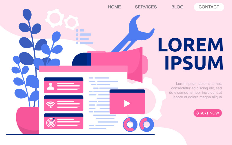 Download Иллюстрация "Web Design Page - Illustration" / Web Design Page - Illustration - Иллюстрация на тему графика create,build,website,design,web,page,project,development,illustration,vector,desktop,leaf,wrench,pink,people,connection,task,loudspeaker,gear,tag