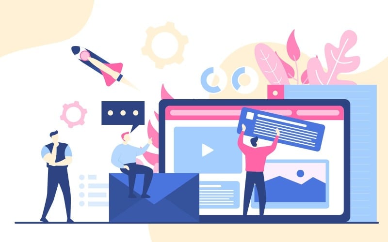 Download Иллюстрация "Website Design Development - Illustration" / Website Design Development - Illustration - Иллюстрация на тему графика people,build,website,design,web,page,project,development,illustration,vector,company,corporate,shop,online,business,money,rocket,message,gear,thinking