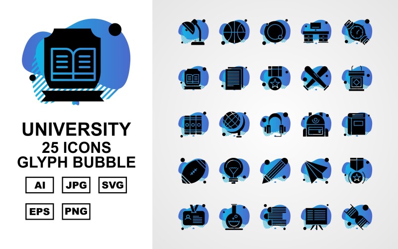 Conjunto de iconos de burbujas de glifos universitarios premium 25