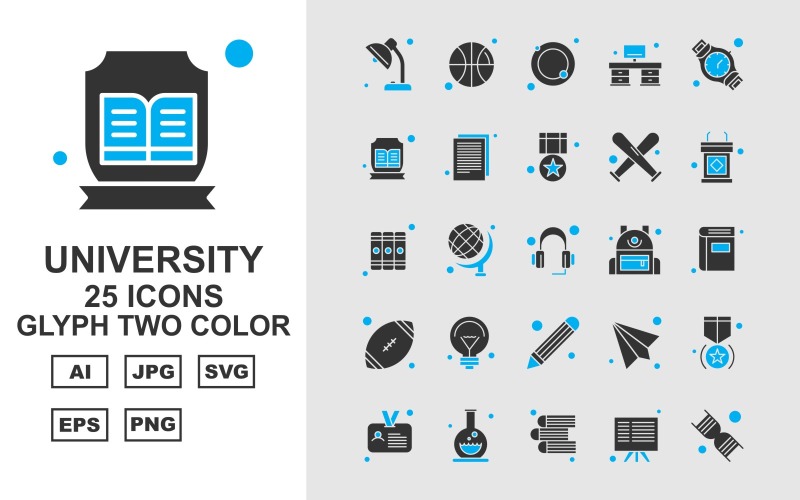 25 Conjunto de ícones de duas cores de Glifo Premium University