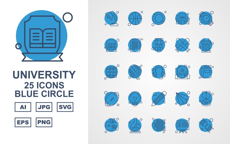 25 Premium University Blue Circle Ikonuppsättning