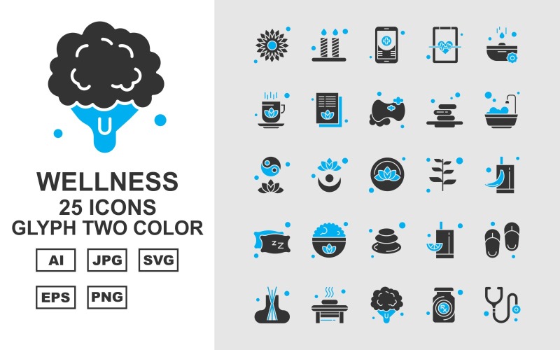25 Premium Wellness Glyph Set di icone a due colori