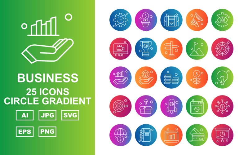 Download Набор иконок "25 Premium Business Circle Gradient Icon Set" / 25 Premium Business Circle Gradient Icon Set - Набор иконок на тему business label,ship,bag,box,document,best offer,trolley,shop,gift,credit card,percentage,wallet,cart,basketicon,icons