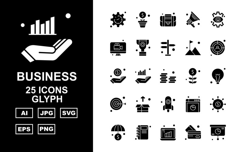 Download Набор иконок "25 Premium Business Glyph Icon Set" / 25 Premium Business Glyph Icon Set - Набор иконок на тему business label,ship,bag,box,document,best offer,trolley,shop,gift,credit card,percentage,wallet,cart,basketicon,icons