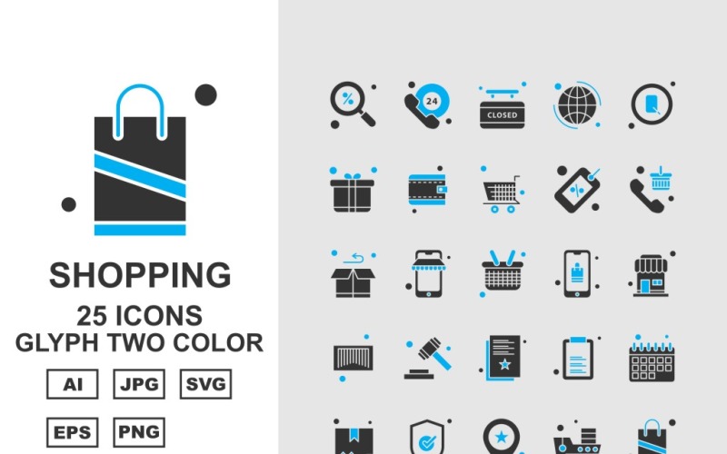 Download Набор иконок "25 Premium Business Glyph Two Color Icon Set" / 25 Premium Business Glyph Two Color Icon Set - Набор иконок на тему business label,ship,bag,box,document,best offer,trolley,shop,gift,credit card,percentage,wallet,cart,basketicon,icons