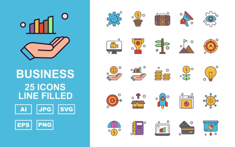 Download Набор иконок "25 Premium Business Line Filled Icon Set" / 25 Premium Business Line Filled Icon Set - Набор иконок на тему business label,ship,bag,box,document,best offer,trolley,shop,gift,credit card,percentage,wallet,cart,basketicon,icons