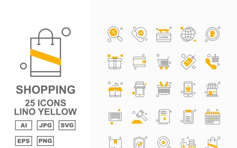 Download Набор иконок "25 Premium Business Lino Yellow Icon Set" / 25 Premium Business Lino Yellow Icon Set - Набор иконок на тему business label,ship,bag,box,document,best offer,trolley,shop,gift,credit card,percentage,wallet,cart,basketicon,icons