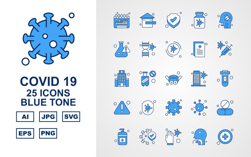 Download Набор иконок "25 Premium Covid 19 Blue Tone Icon Set" / 25 Premium Covid 19 Blue Tone Icon Set - Набор иконок на тему medical calendar,cylinder,corona virus,medicines,sanitizer,protect,glaves,person,add,home,shield,bottle,patient,research,dna,corona viru,icon,icons