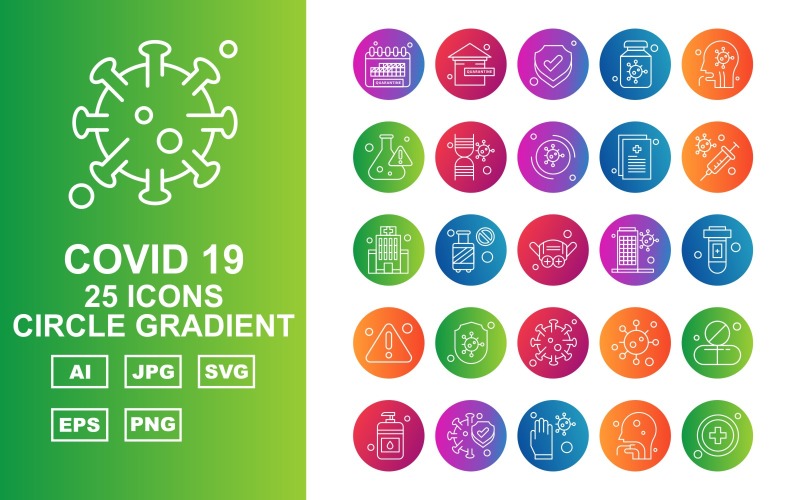 Download Набор иконок "25 Premium Covid 19 Circle Gradient Icon Set" / 25 Premium Covid 19 Circle Gradient Icon Set - Набор иконок на тему medical calendar,cylinder,corona virus,medicines,sanitizer,protect,glaves,person,add,home,shield,bottle,patient,research,dna,corona viru,icon,icons