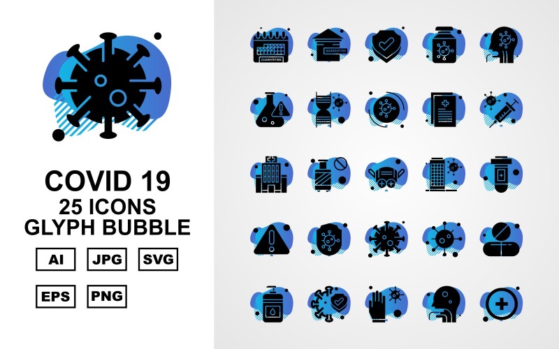 Download Набор иконок "25 Premium Covid 19 Glyph Bubble Icon Set" / 25 Premium Covid 19 Glyph Bubble Icon Set - Набор иконок на тему medical calendar,cylinder,corona virus,medicines,sanitizer,protect,glaves,person,add,home,shield,bottle,patient,research,dna,corona viru,icon,icons