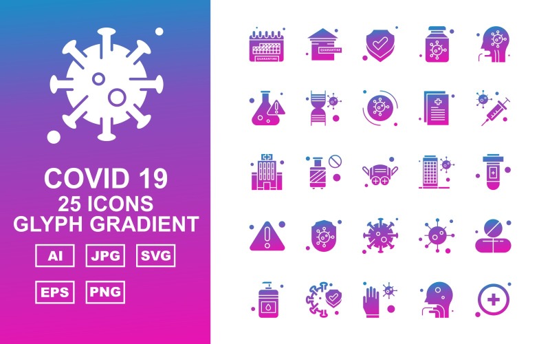 Download Набор иконок "25 Premium Covid 19 Glyph Gradient Icon Set" / 25 Premium Covid 19 Glyph Gradient Icon Set - Набор иконок на тему medical calendar,cylinder,corona virus,medicines,sanitizer,protect,glaves,person,add,home,shield,bottle,patient,research,dna,corona viru,icon,icons