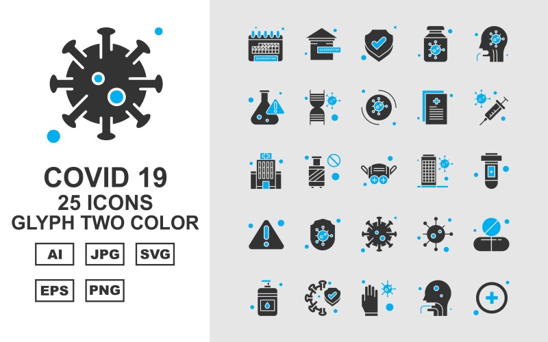 Download Набор иконок "25 Premium Covid 19 Glyph Two Color Icon Set" / 25 Premium Covid 19 Glyph Two Color Icon Set - Набор иконок на тему medical calendar,cylinder,corona virus,medicines,sanitizer,protect,glaves,person,add,home,shield,bottle,patient,research,dna,corona viru,icon,icons