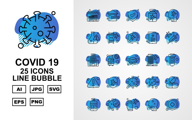 Download Набор иконок "25 Premium Covid 19 Line Bubble Icon Set" / 25 Premium Covid 19 Line Bubble Icon Set - Набор иконок на тему medical calendar,cylinder,corona virus,medicines,sanitizer,protect,glaves,person,add,home,shield,bottle,patient,research,dna,corona viru,icon,icons