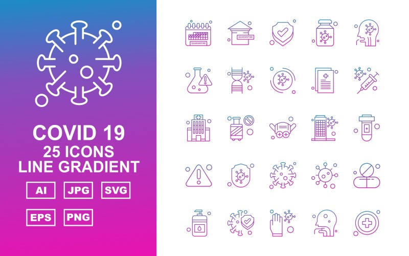 Download Набор иконок "25 Premium Covid 19 Line Gradient Icon Set" / 25 Premium Covid 19 Line Gradient Icon Set - Набор иконок на тему medical calendar,cylinder,corona virus,medicines,sanitizer,protect,glaves,person,add,home,shield,bottle,patient,research,dna,corona viru,icon,icons