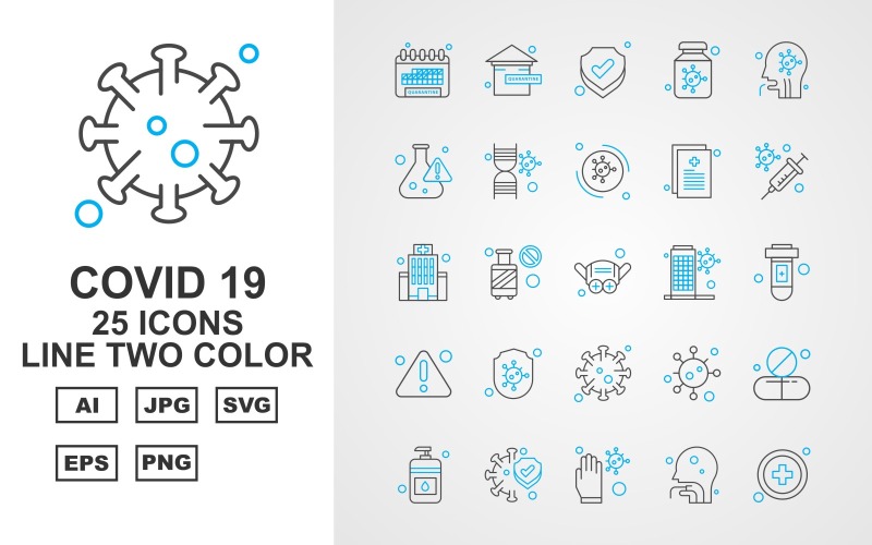 Download Набор иконок "25 Premium Covid 19 Line Two Color Icon Set" / 25 Premium Covid 19 Line Two Color Icon Set - Набор иконок на тему medical calendar,cylinder,corona virus,medicines,sanitizer,protect,glaves,person,add,home,shield,bottle,patient,research,dna,corona viru,icon,icons