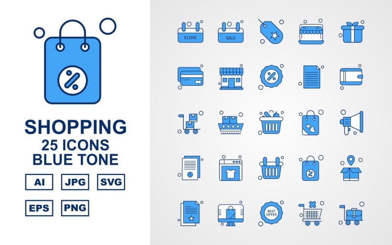 Download Набор иконок "25 Premium Shopping Blue Tone Pack Icon Set" / 25 Premium Shopping Blue Tone Pack Icon Set - Набор иконок на тему shopping label,ship,bag,box,document,best offer,trolley,shop,gift,credit card,percentage,wallet,cart,basketicon,icons