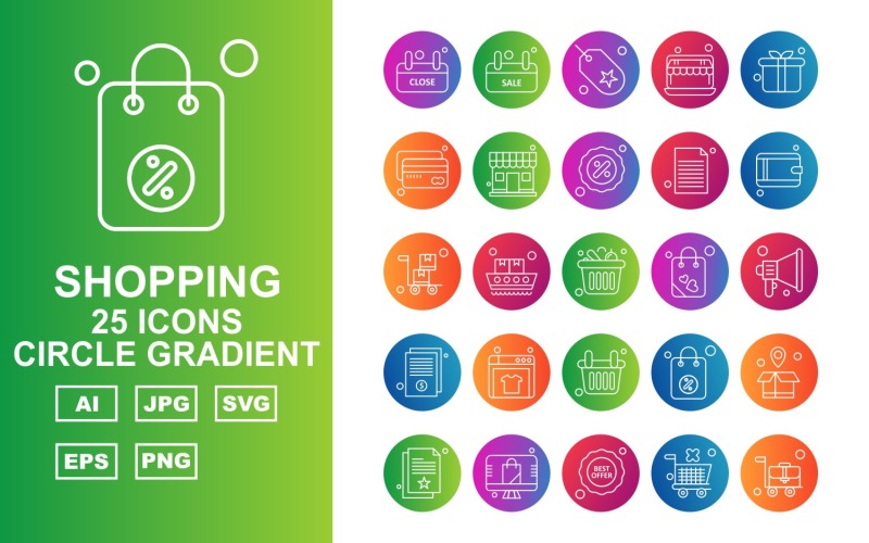 Download Набор иконок "25 Premium Shopping Circle Gradient Pack Icon Set" / 25 Premium Shopping Circle Gradient Pack Icon Set - Набор иконок на тему shopping label,ship,bag,box,document,best offer,trolley,shop,gift,credit card,percentage,wallet,cart,basketicon,icons