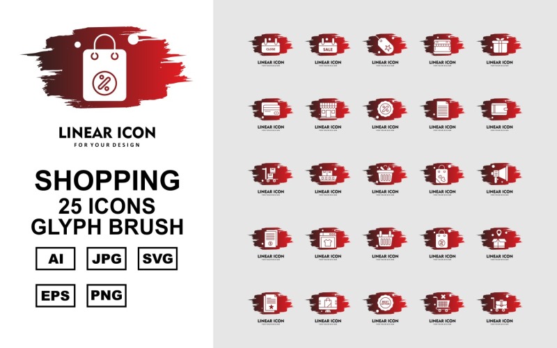 Download Набор иконок "25 Premium Shopping Glyph Brush Pack Icon Set" / 25 Premium Shopping Glyph Brush Pack Icon Set - Набор иконок на тему shopping label,ship,bag,box,document,best offer,trolley,shop,gift,credit card,percentage,wallet,cart,basketicon,icons