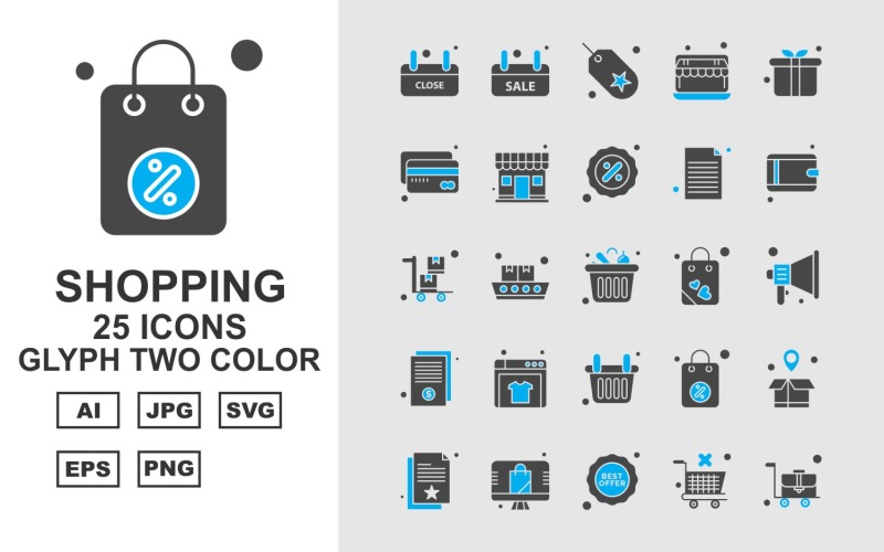 Download Набор иконок "25 Premium Shopping Glyph Two Color Pack Icon Set" / 25 Premium Shopping Glyph Two Color Pack Icon Set - Набор иконок на тему shopping label,ship,bag,box,document,best offer,trolley,shop,gift,credit card,percentage,wallet,cart,basketicon,icons