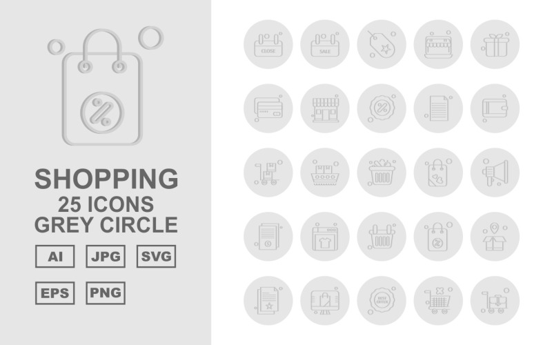 25 Premium Shopping Grey Circle Pack Icon Set