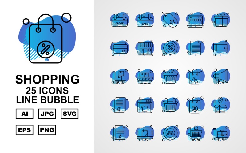 Download Набор иконок "25 Premium Shopping Line Bubble Pack Icon Set" / 25 Premium Shopping Line Bubble Pack Icon Set - Набор иконок на тему shopping label,ship,bag,box,document,best offer,trolley,shop,gift,credit card,percentage,wallet,cart,basketicon,icons