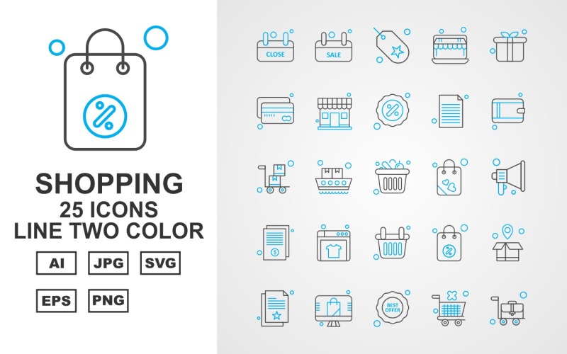 Download Набор иконок "25 Premium Shopping Line Two Color Pack Icon Set" / 25 Premium Shopping Line Two Color Pack Icon Set - Набор иконок на тему shopping label,ship,bag,box,document,best offer,trolley,shop,gift,credit card,percentage,wallet,cart,basketicon,icons